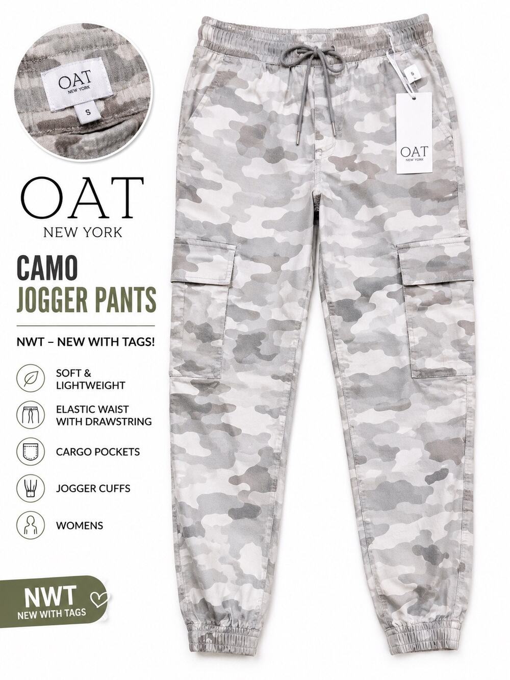 OAT New York NWT Camo Cargo Jogger Pants Womens Drawstring Utility Small